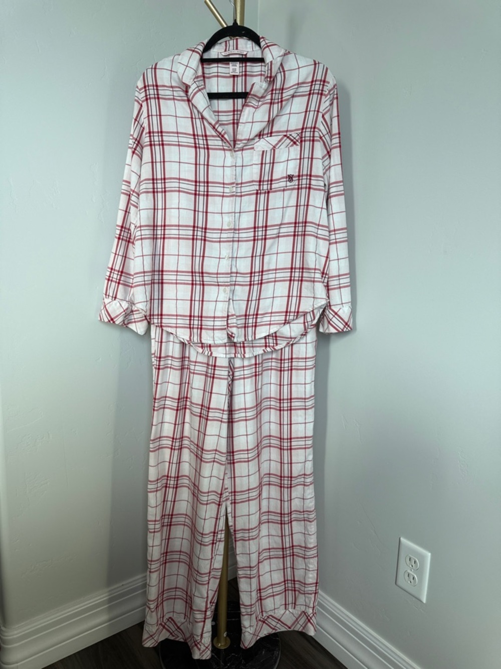 Victoria's Secret White and Red Plaid Button-Up Pajama Set